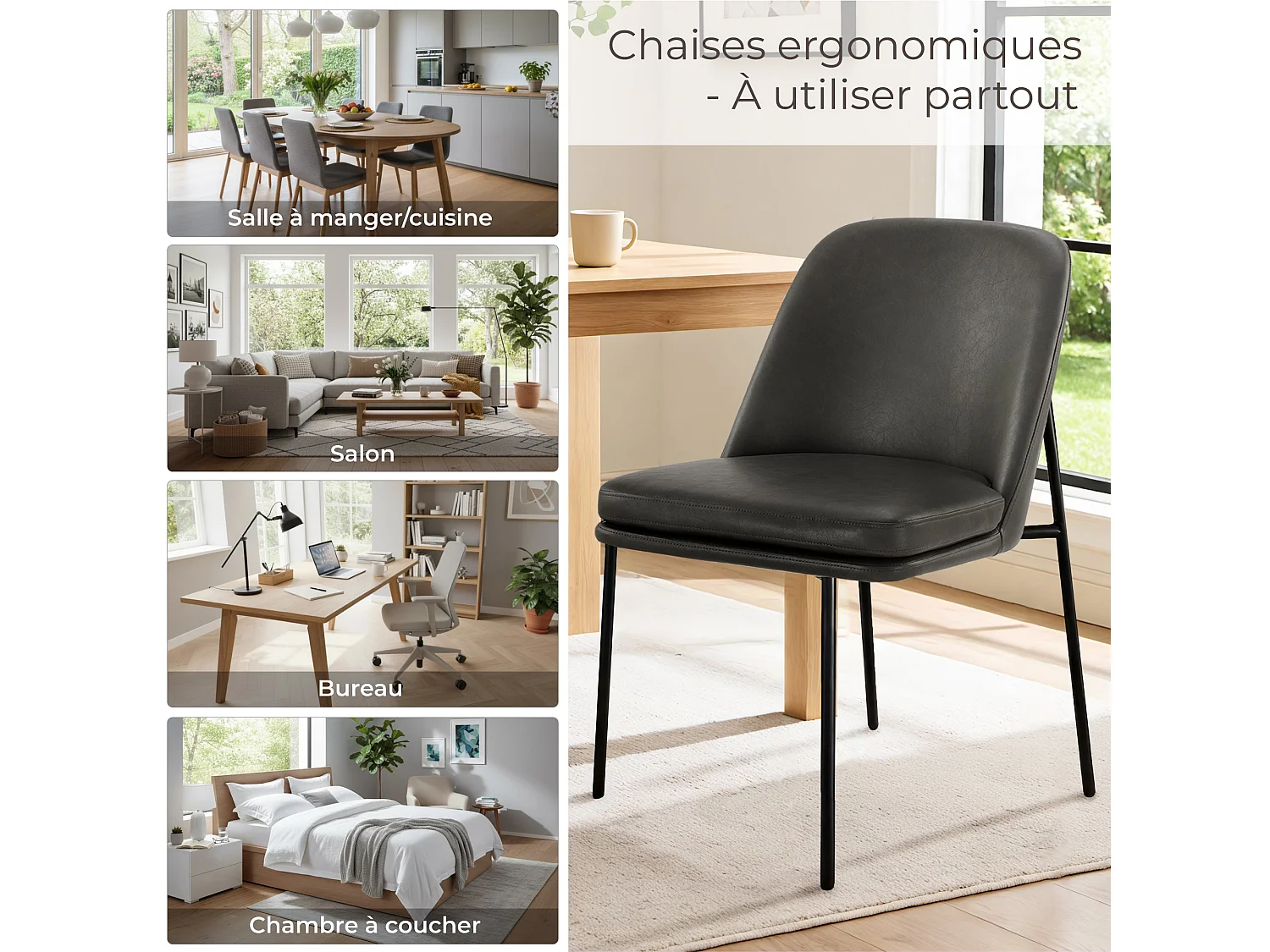 Lot de 2 Chaises de Salle à Manger, Pieds en Métal, Avec Dossier, en PU, Style Moderne Gris foncé