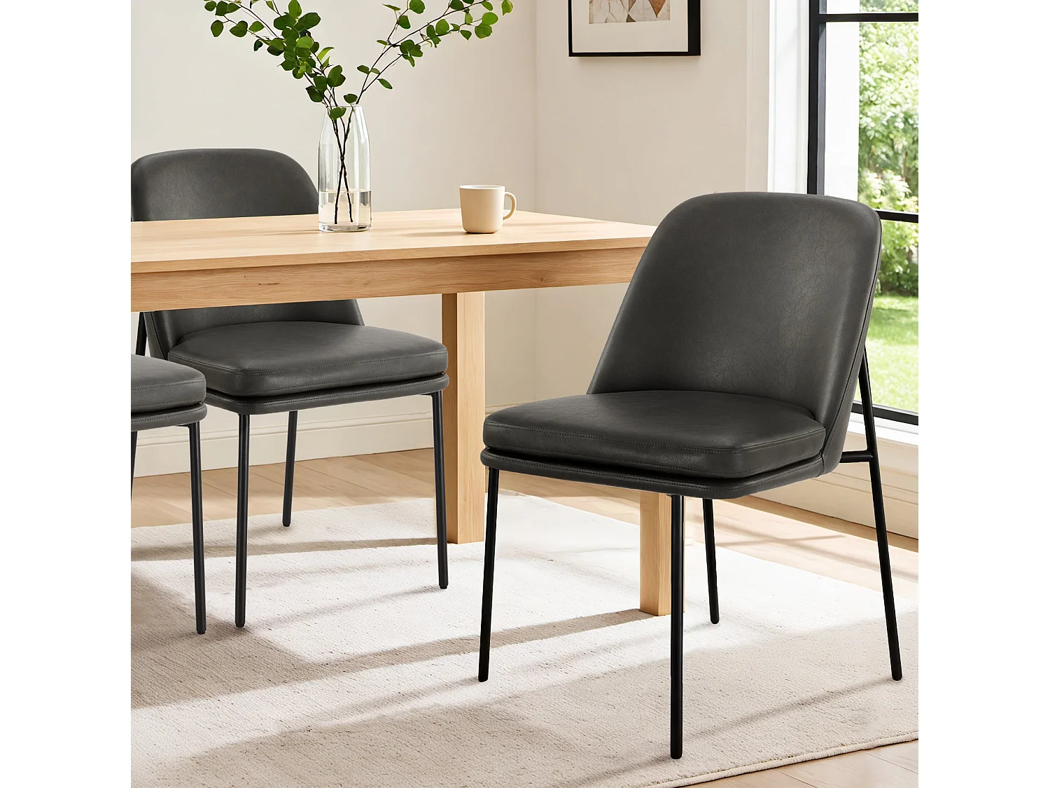 Lot de 2 Chaises de Salle à Manger, Pieds en Métal, Avec Dossier, en PU, Style Moderne Gris foncé