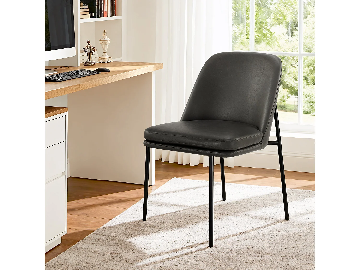 Lot de 2 Chaises de Salle à Manger, Pieds en Métal, Avec Dossier, en PU, Style Moderne Gris foncé