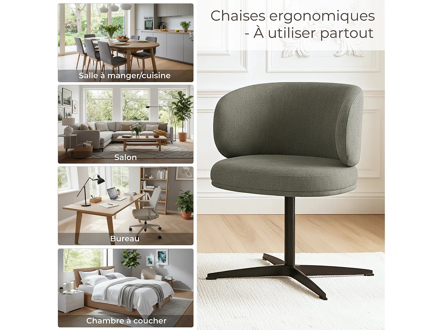 Lot de 2 Chaises de Salle à Manger Chaise de Bureau Pivotante Chaise pour Chambre-coiffeuse Gris