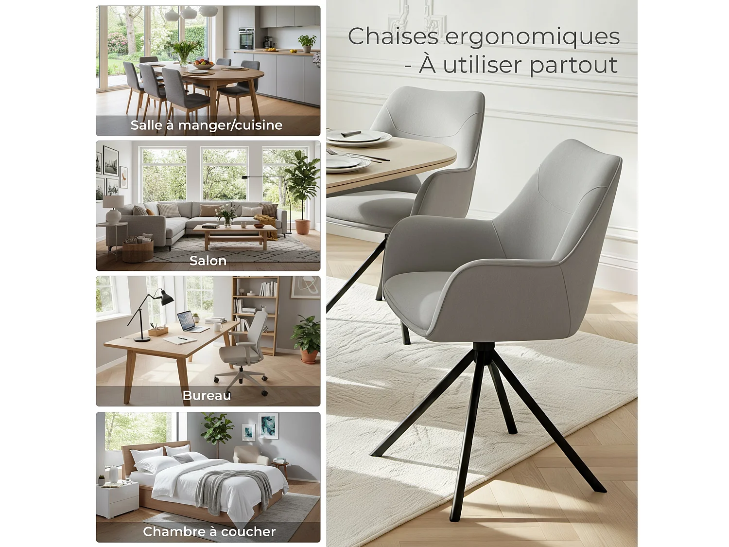 Lot de 2 Chaises de Salle à Manger, Fauteuil Pivotant à 360 degrés, Chaise de Cuisine Coussinets de Pied Réglables Gris