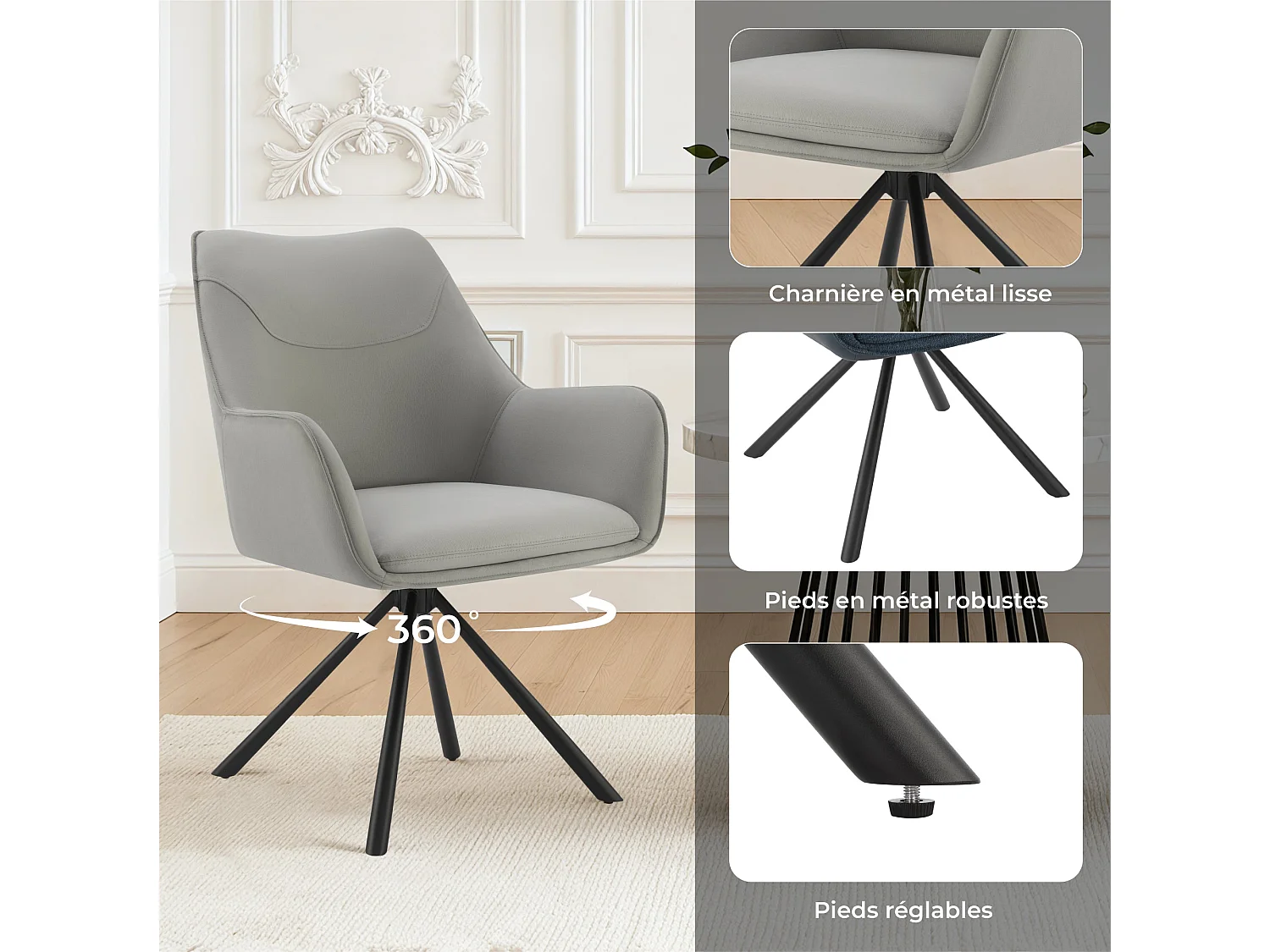 Lot de 2 Chaises de Salle à Manger, Fauteuil Pivotant à 360 degrés, Chaise de Cuisine Coussinets de Pied Réglables Gris