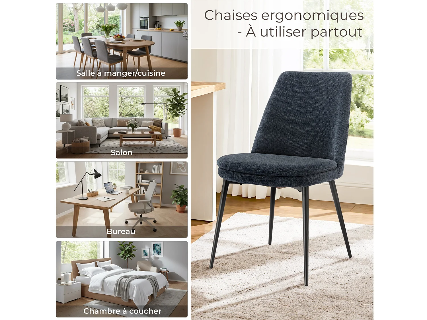 Lot de 2 Chaises de Salle à Manger, Pieds en Métal, Avec Dossier,en Chenille Bleu Foncé