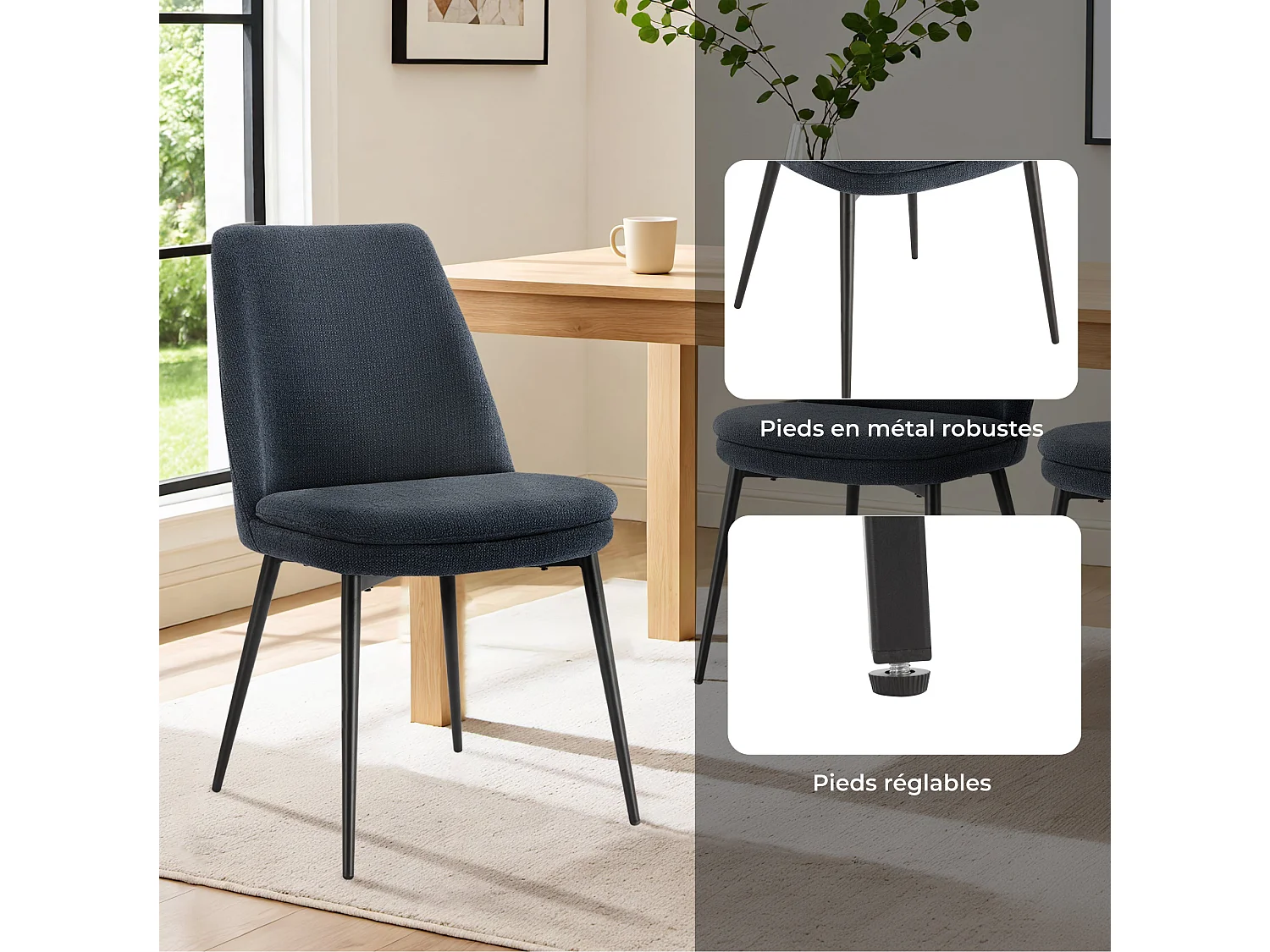 Lot de 2 Chaises de Salle à Manger, Pieds en Métal, Avec Dossier,en Chenille Bleu Foncé