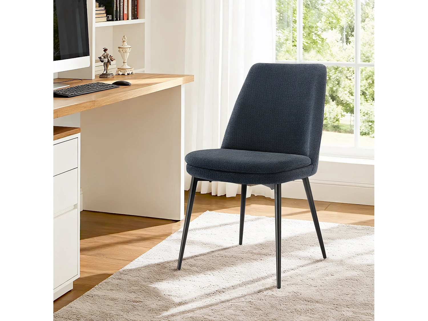 Lot de 2 Chaises de Salle à Manger, Pieds en Métal, Avec Dossier,en Chenille Bleu Foncé