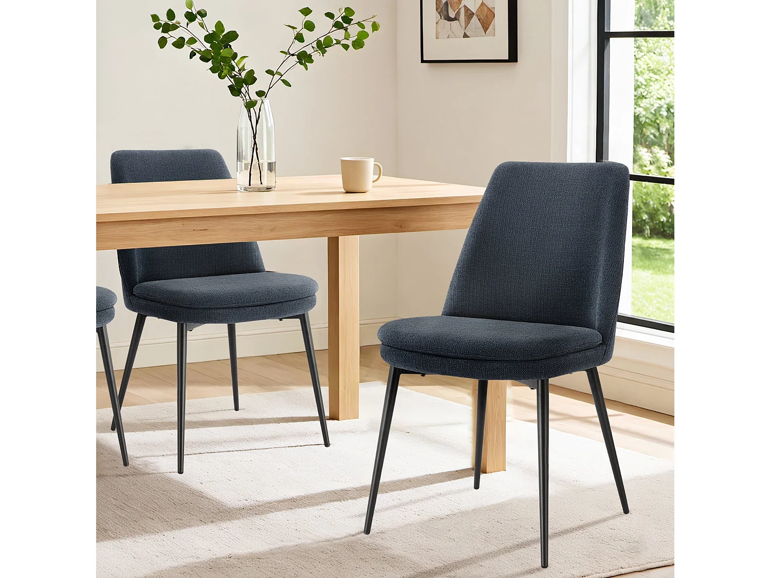Lot de 2 Chaises de Salle à Manger, Pieds en Métal, Avec Dossier,en Chenille Bleu Foncé