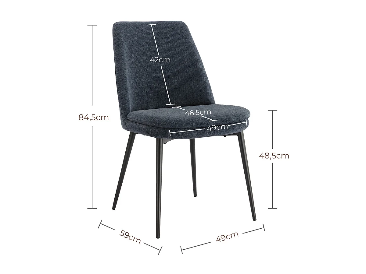 Lot de 2 Chaises de Salle à Manger, Pieds en Métal, Avec Dossier,en Chenille Bleu Foncé