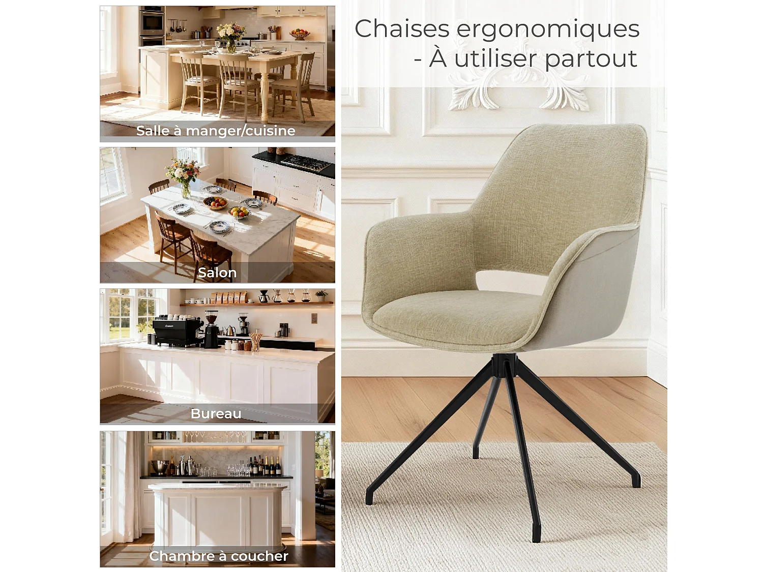 Lot de 2 Chaises de Salle à Manger,  Fauteuil Pivotant à 360 degrés, Chaise de Cuisine  Coussinets de Pied Réglables Beige