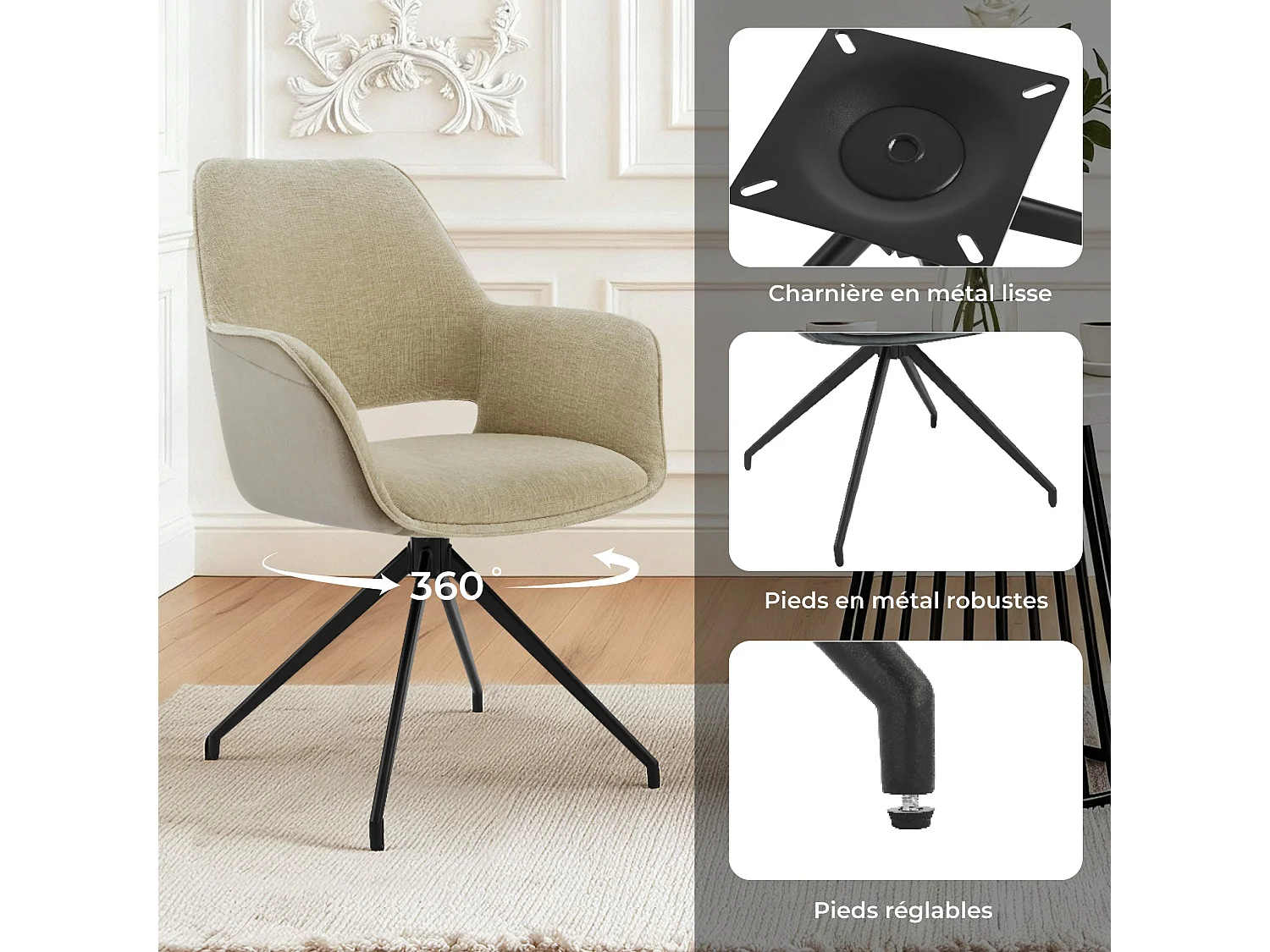 Lot de 2 Chaises de Salle à Manger,  Fauteuil Pivotant à 360 degrés, Chaise de Cuisine  Coussinets de Pied Réglables Beige