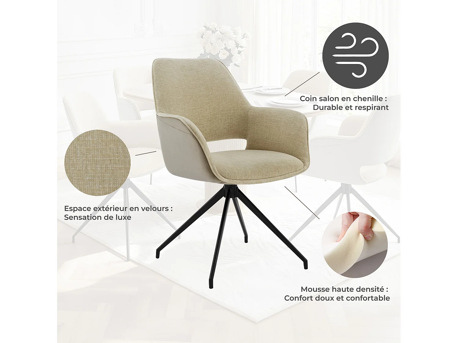 Lot de 2 Chaises de Salle à Manger,  Fauteuil Pivotant à 360 degrés, Chaise de Cuisine  Coussinets de Pied Réglables Beige