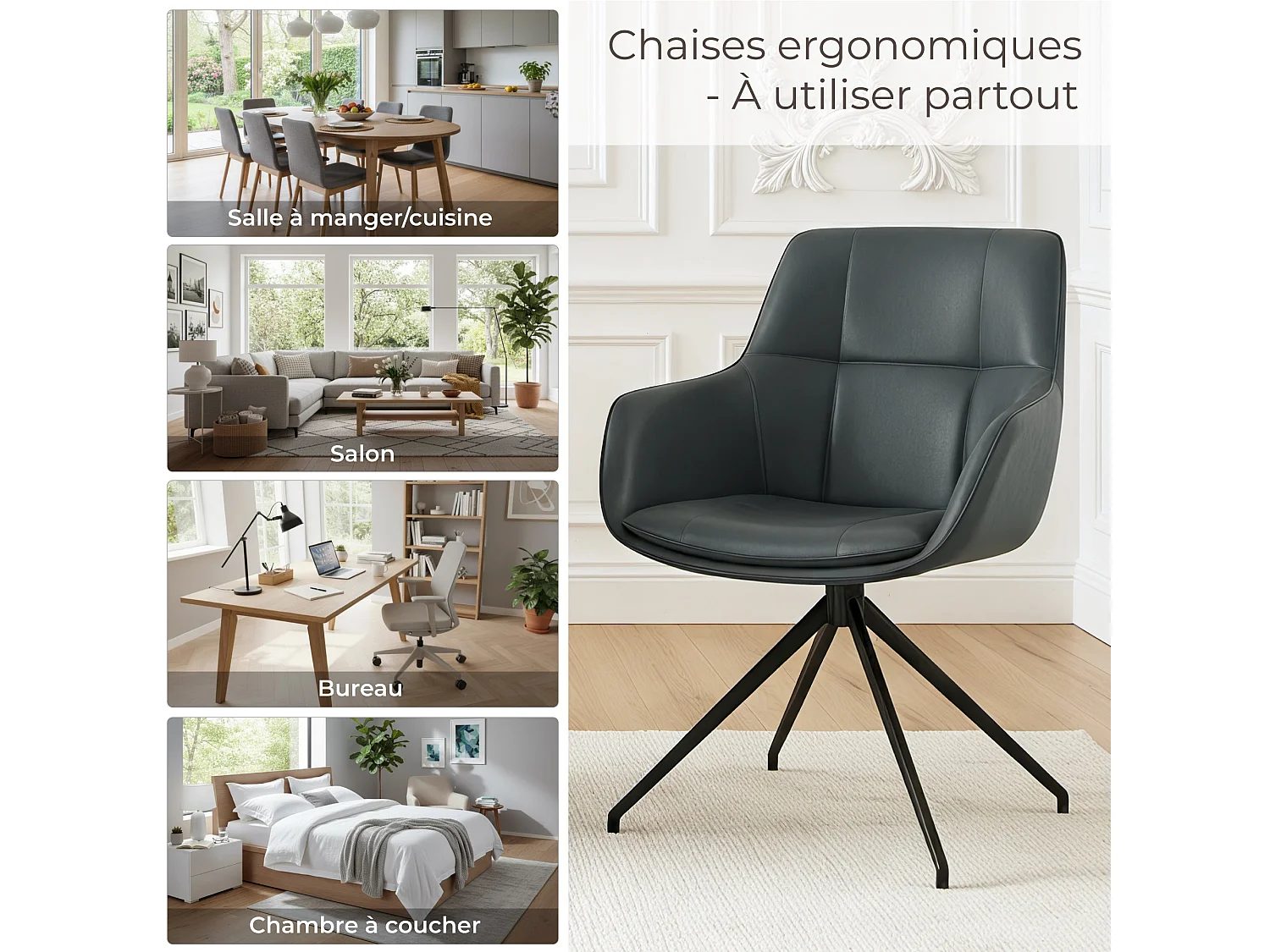 Lot de 2 Chaises de Salle à Manger,  Fauteuil Pivotant à 360 degrés, Chaise de Cuisine en PU Coussinets de Pied Réglables Bleu Foncé