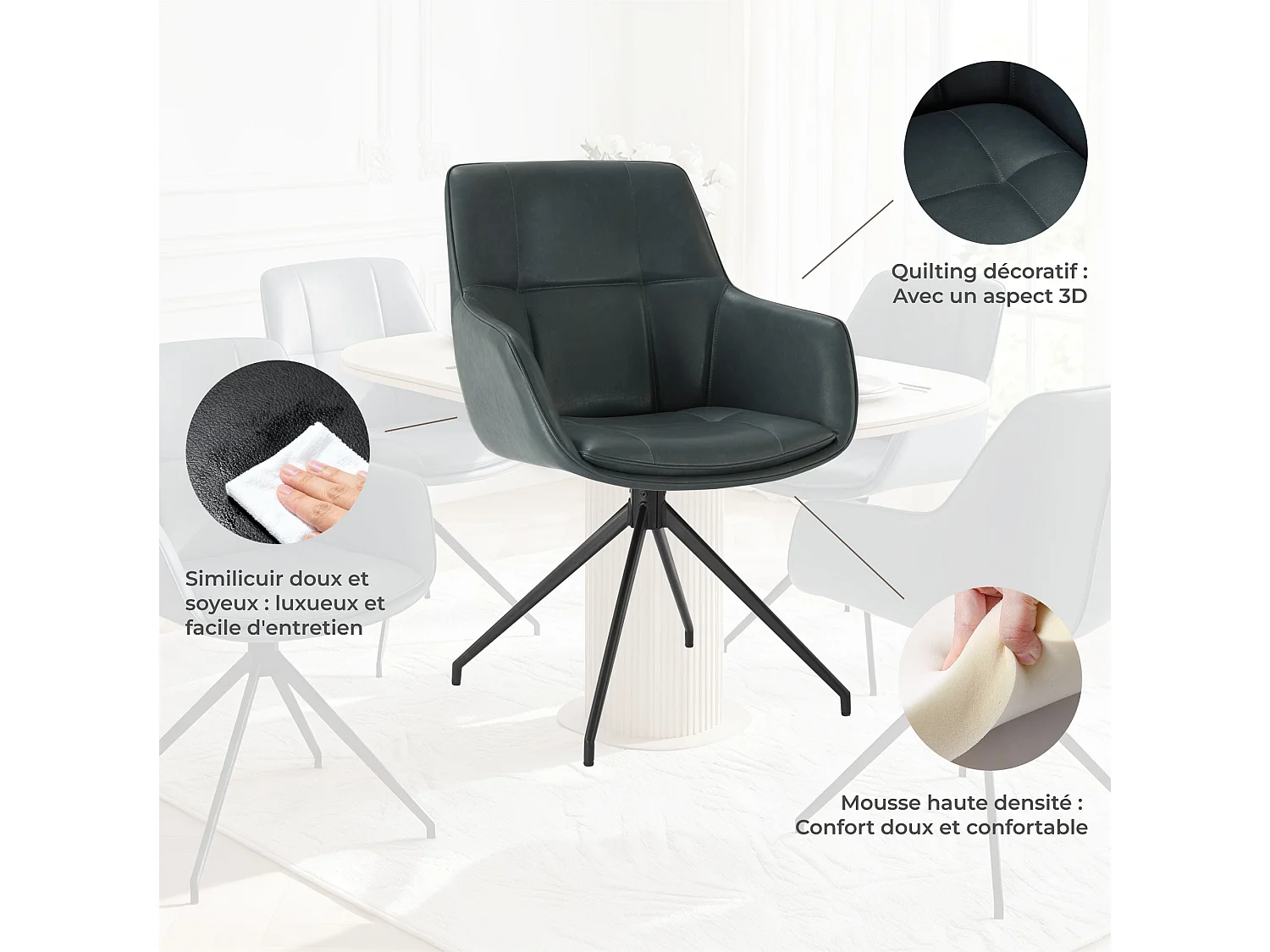 Lot de 2 Chaises de Salle à Manger,  Fauteuil Pivotant à 360 degrés, Chaise de Cuisine en PU Coussinets de Pied Réglables Bleu Foncé