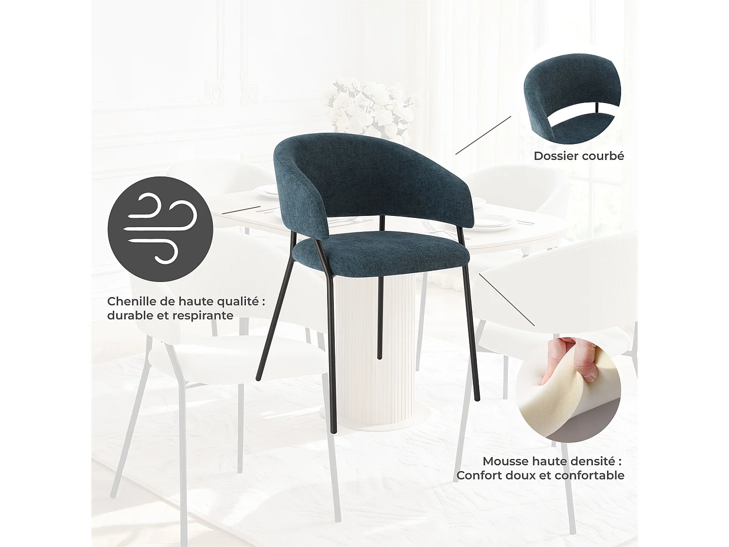 Lot de 2 Chaises de Salle à Manger, Pieds en Métal, Avec Dossier, Style Industriel bleu foncé