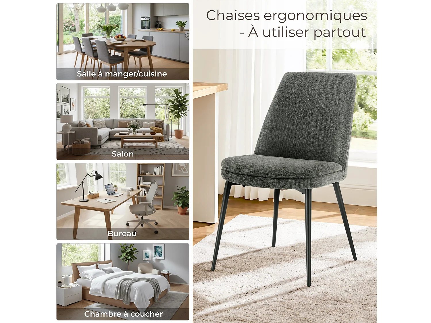 Lot de 2 Chaises de Salle à Manger, Pieds en Métal, Avec Dossier,en Chenille Gris foncé