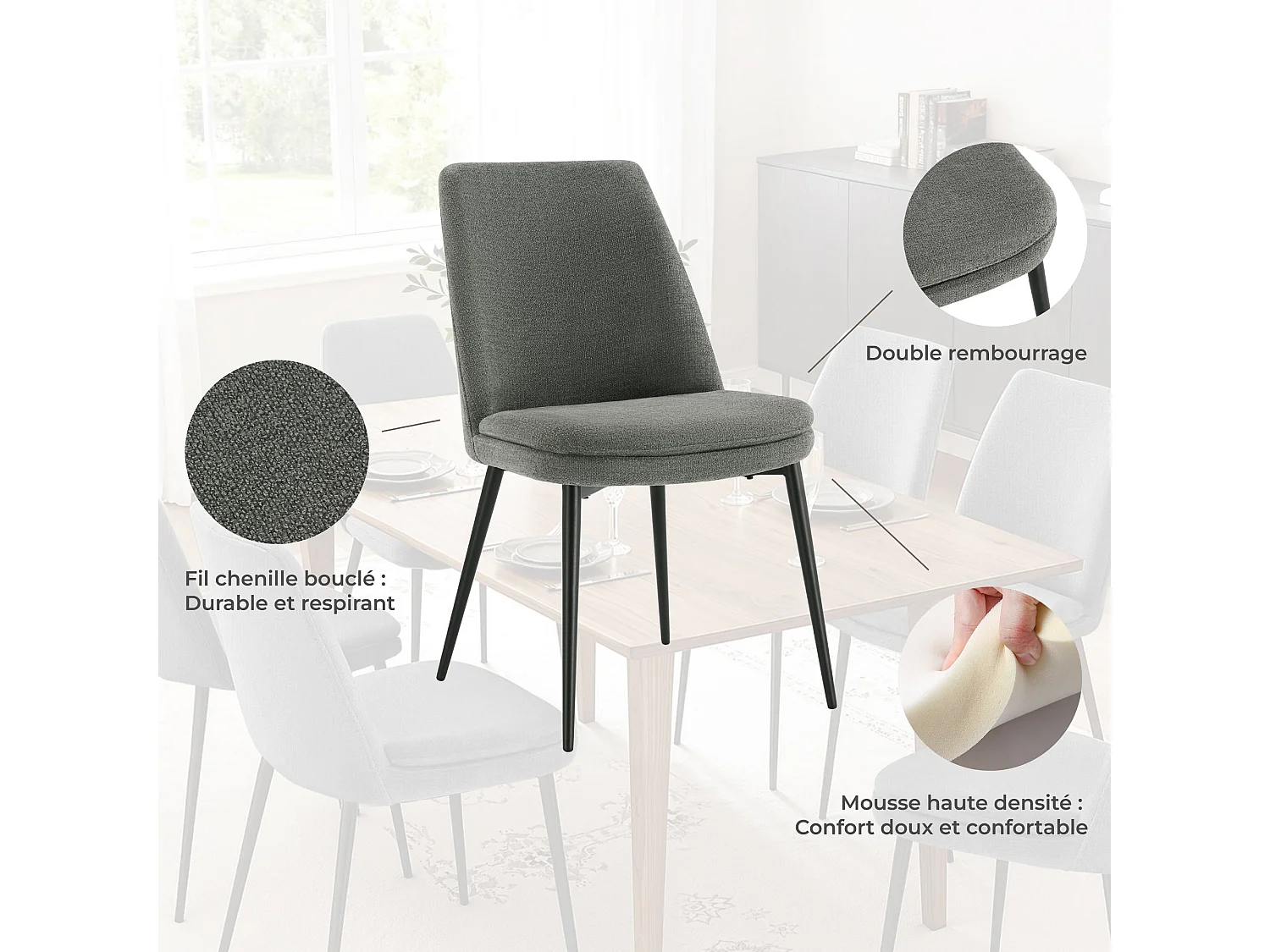 Lot de 2 Chaises de Salle à Manger, Pieds en Métal, Avec Dossier,en Chenille Gris foncé