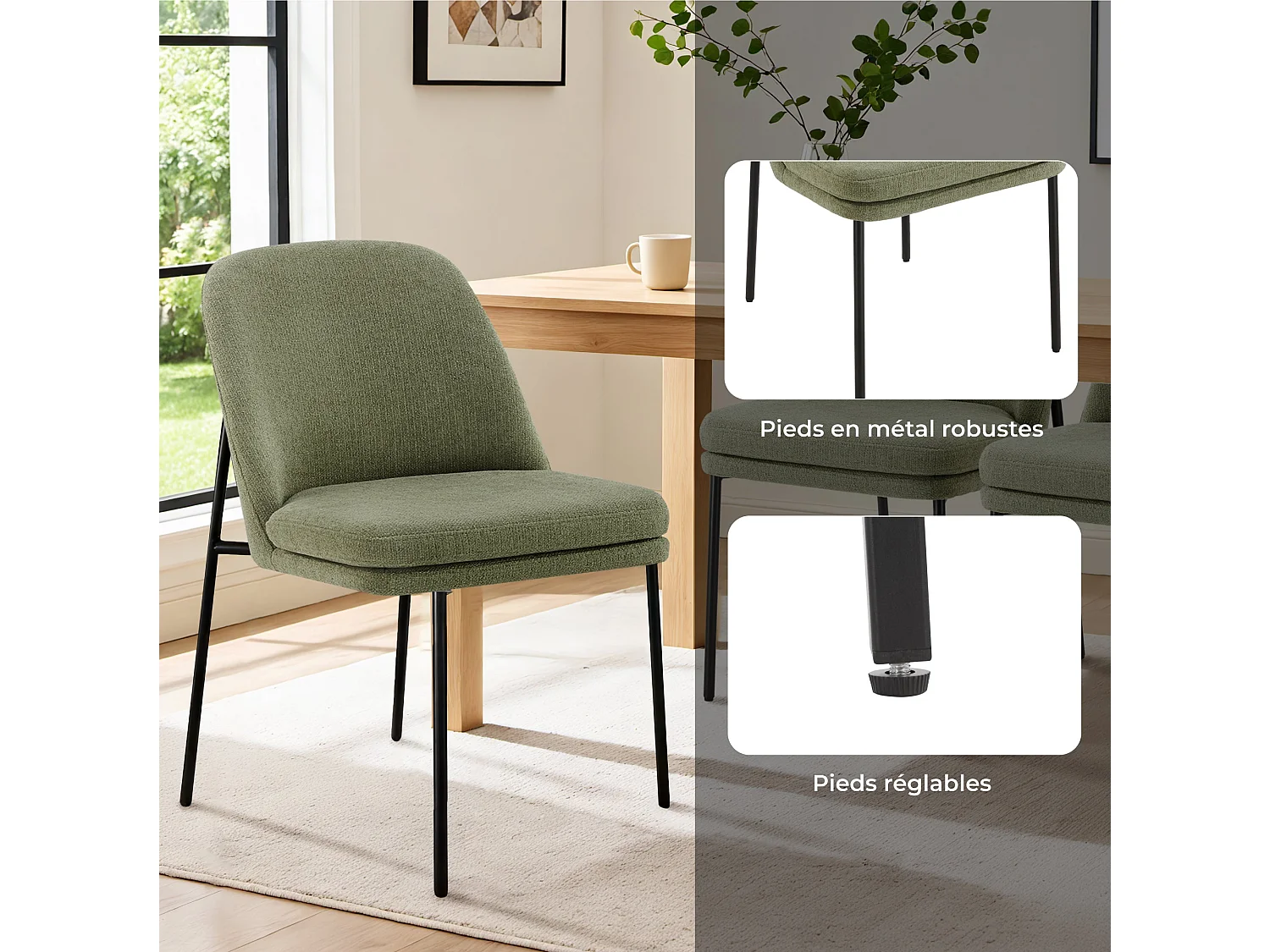 Lot de 2 Chaises de Salle à Manger, Pieds en Métal, Avec Dossier, Style Moderne Vert