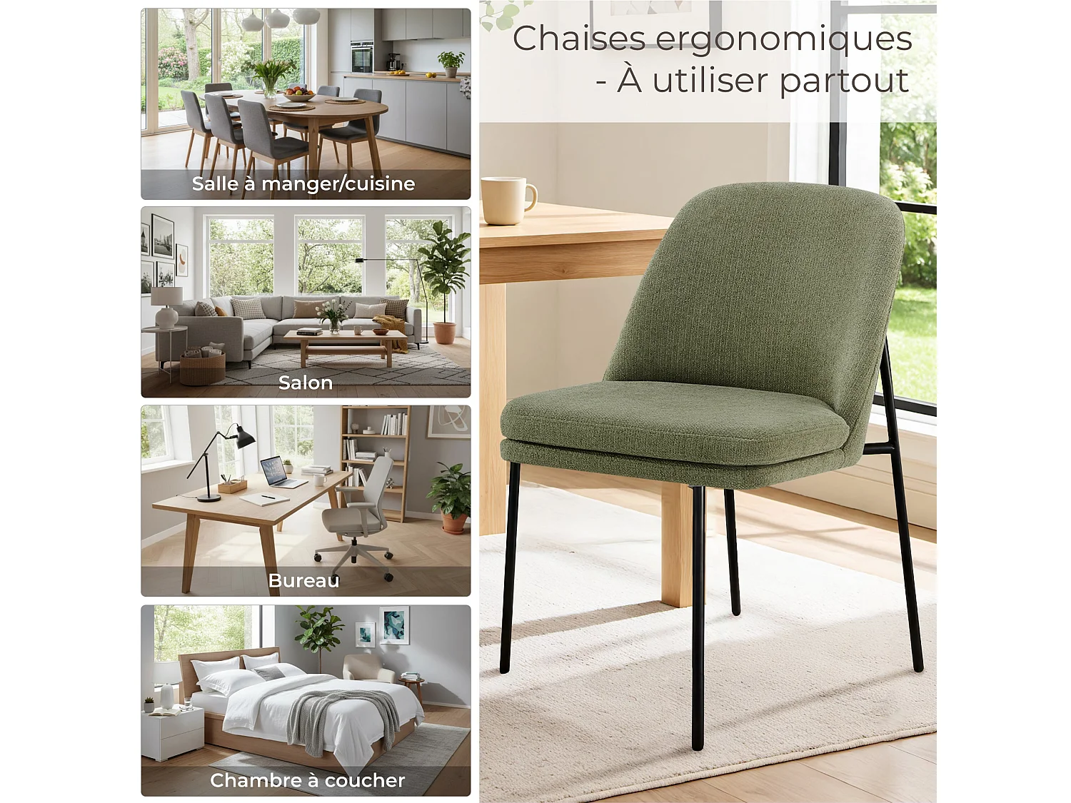 Lot de 2 Chaises de Salle à Manger, Pieds en Métal, Avec Dossier, Style Moderne Vert