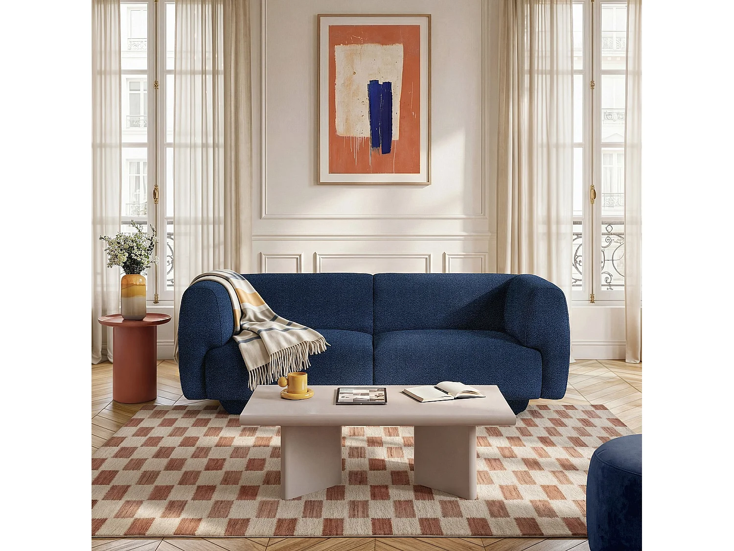 Canapé 2 places en tissu texturé - Bleu marine - Design by Federica Francini