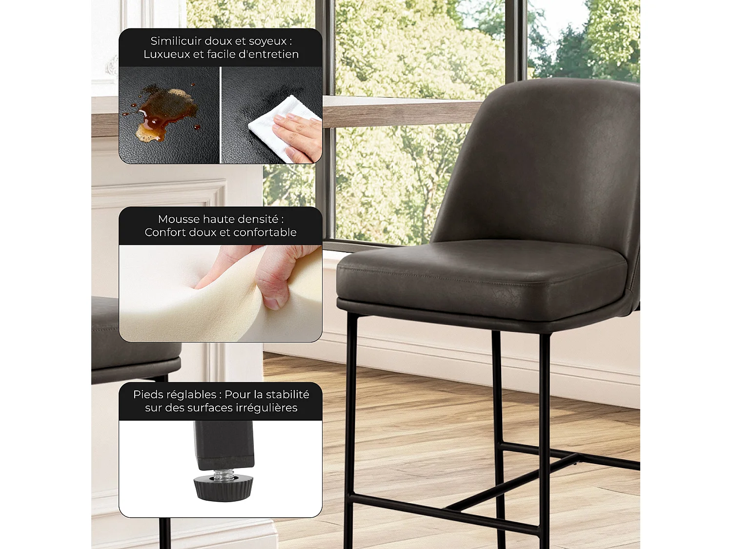 Lot de 2 Tabouret de Bar,Chaise de Bar,Chaises Hautes en PU, avec Dossier et Repose-Pieds, Hauteur 97 cm, pour Bars et Cuisine Brun