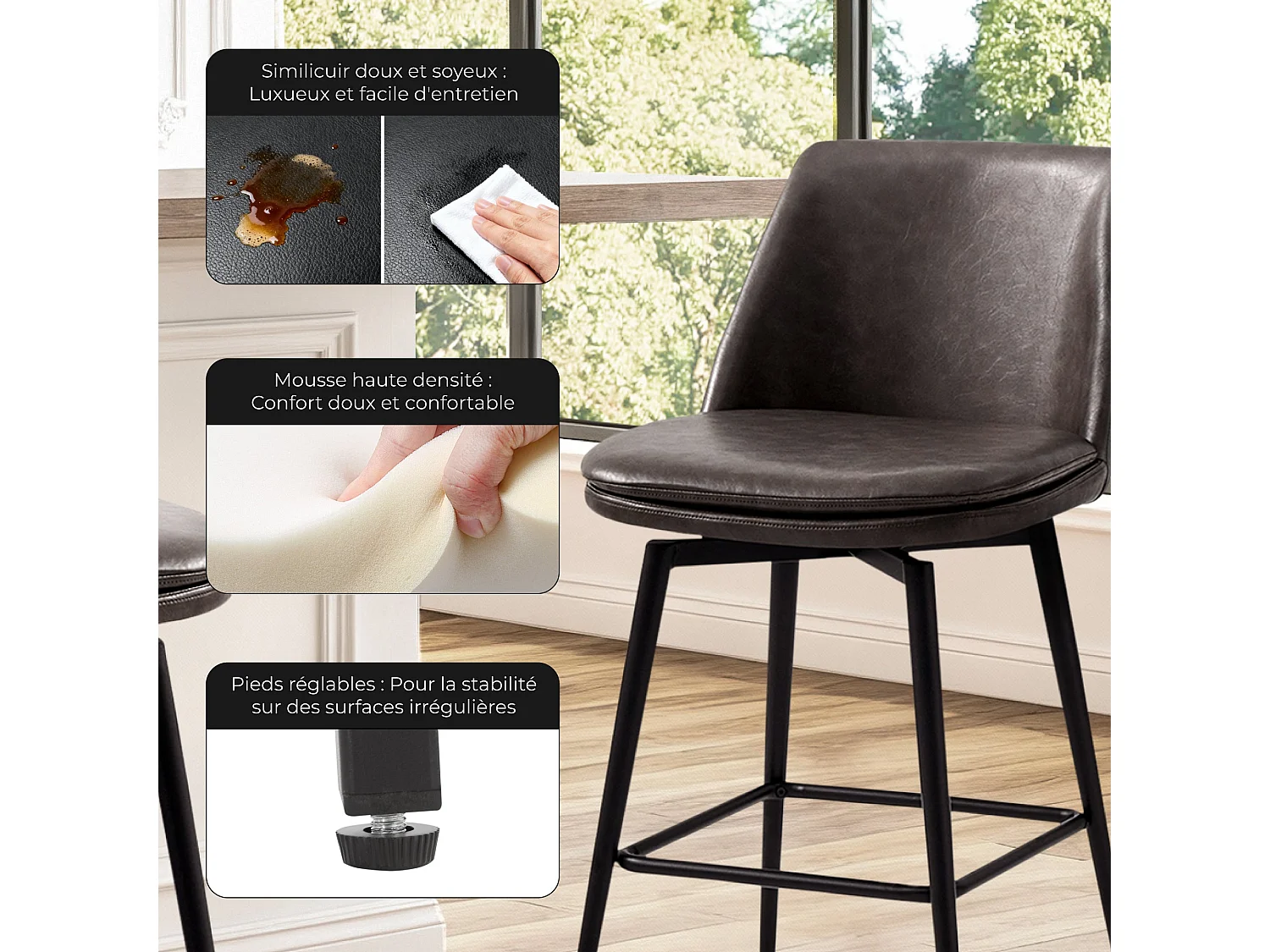 Lot de 2 Tabouret de Bar, Chaise de Bar,Chaises Hautes en PU, Rotatif sur 360°avec Dossier et Repose-Pieds, Hauteur 96 cm, pour Bars et Cuisine Gris foncé