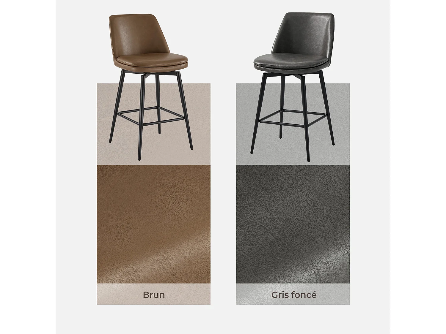 Lot de 2 Tabouret de Bar, Chaise de Bar,Chaises Hautes en PU, Rotatif sur 360°avec Dossier et Repose-Pieds, Hauteur 96 cm, pour Bars et Cuisine Gris foncé