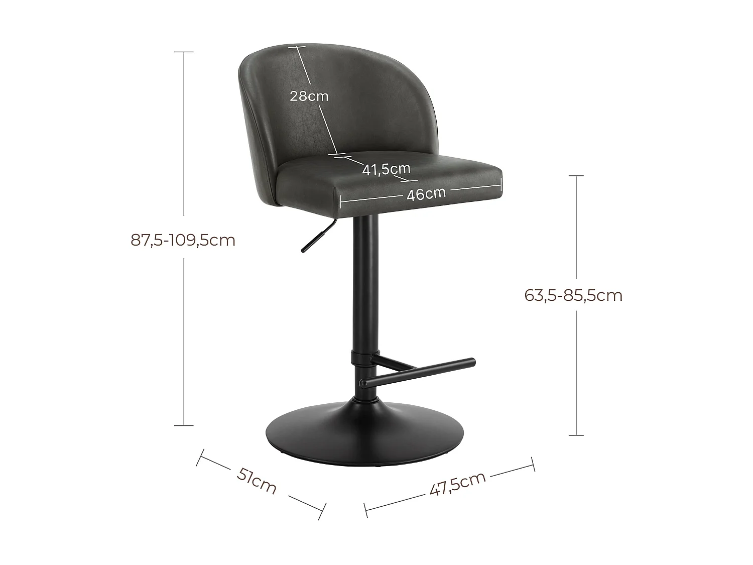 Lot de 2 Tabouret de Bar Chaise de Bar Réglable en Hauteur, Chaises Hautes Revêtement en PU, Rotatif sur 360°avec Dossier et Repose-Pieds Gris foncé