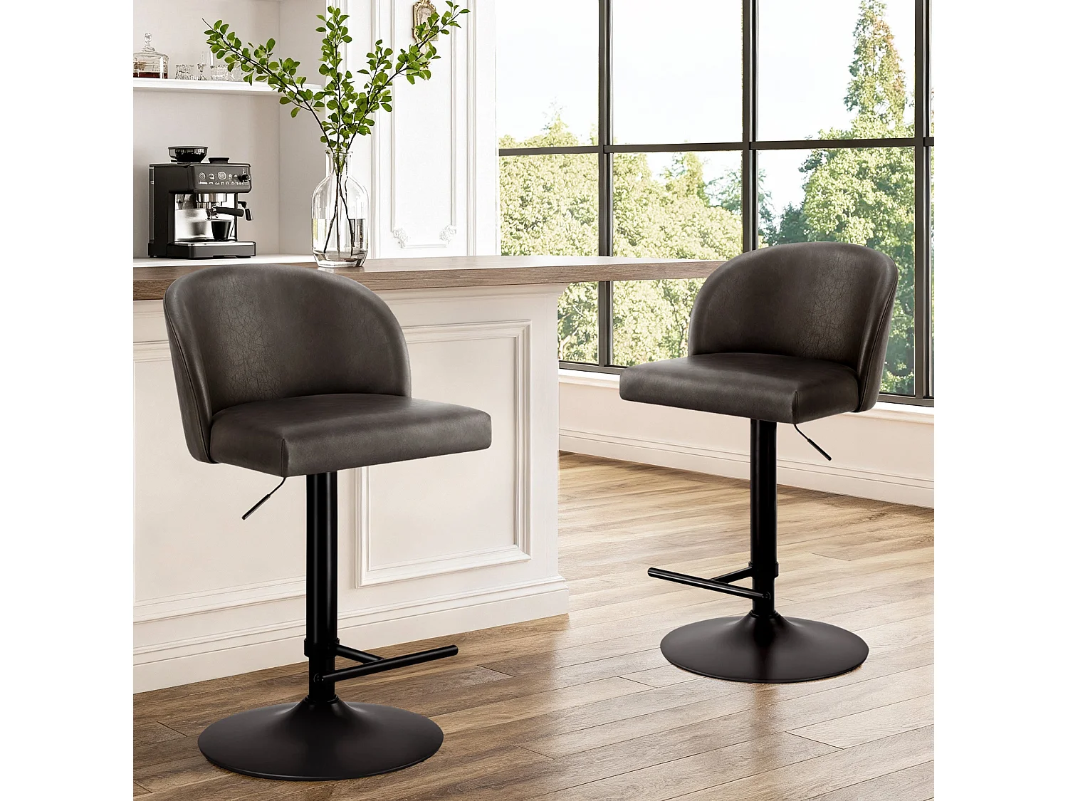 Lot de 2 Tabouret de Bar Réglable en Hauteur, Revêtement en PU, Rotatif sur 360°avec Repose-Pieds