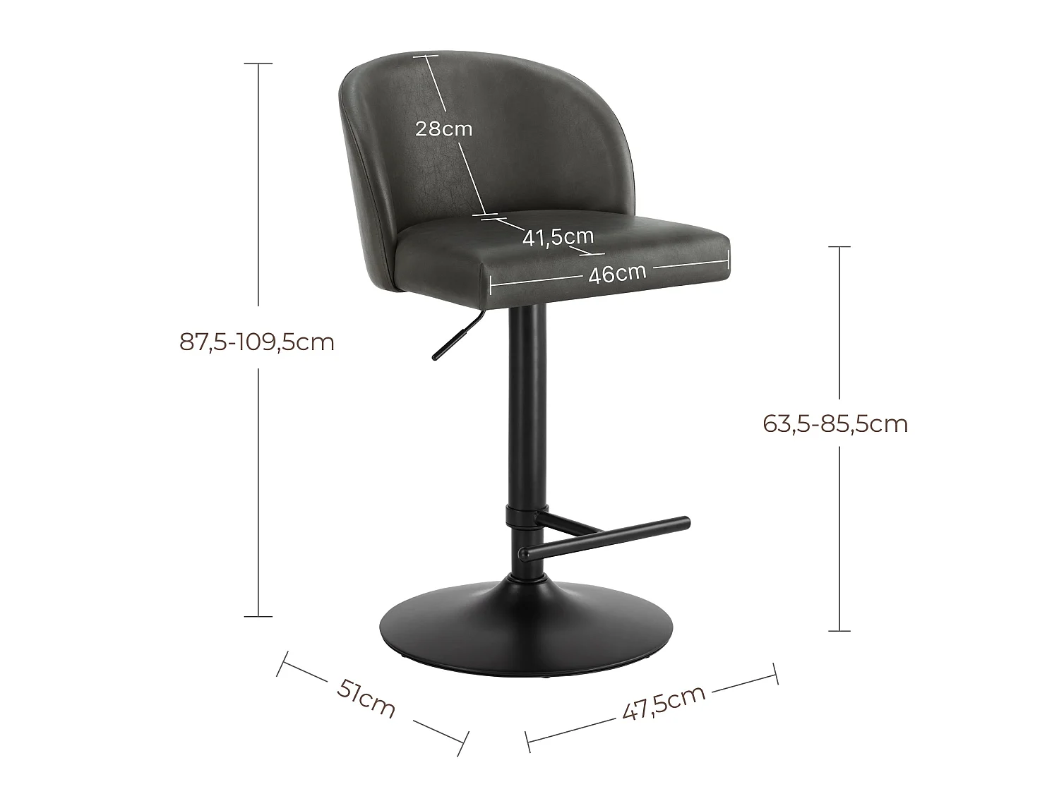 Lot de 2 Tabouret de Bar Réglable en Hauteur, Revêtement en PU, Rotatif sur 360°avec Repose-Pieds