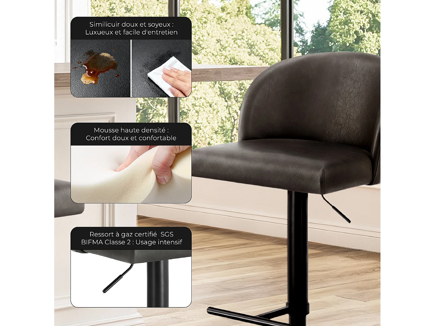 Lot de 2 Tabouret de Bar Réglable en Hauteur, Revêtement en PU, Rotatif sur 360°avec Repose-Pieds