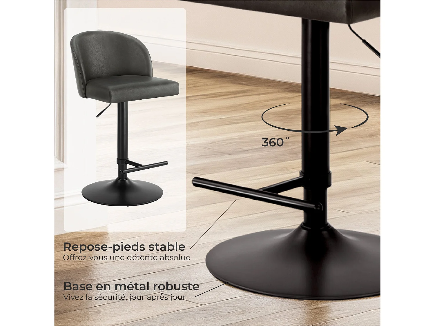 Lot de 2 Tabouret de Bar Réglable en Hauteur, Revêtement en PU, Rotatif sur 360°avec Repose-Pieds