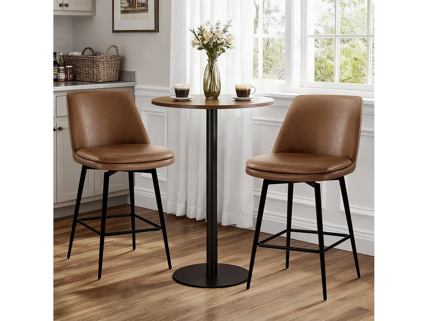 Lot de 2 Tabouret de Bar, Chaise de Bar,Chaises Hautes en PU, Rotatif sur 360°avec Dossier et Repose-Pieds, Hauteur 96 cm, pour Bars et Cuisine Brun
