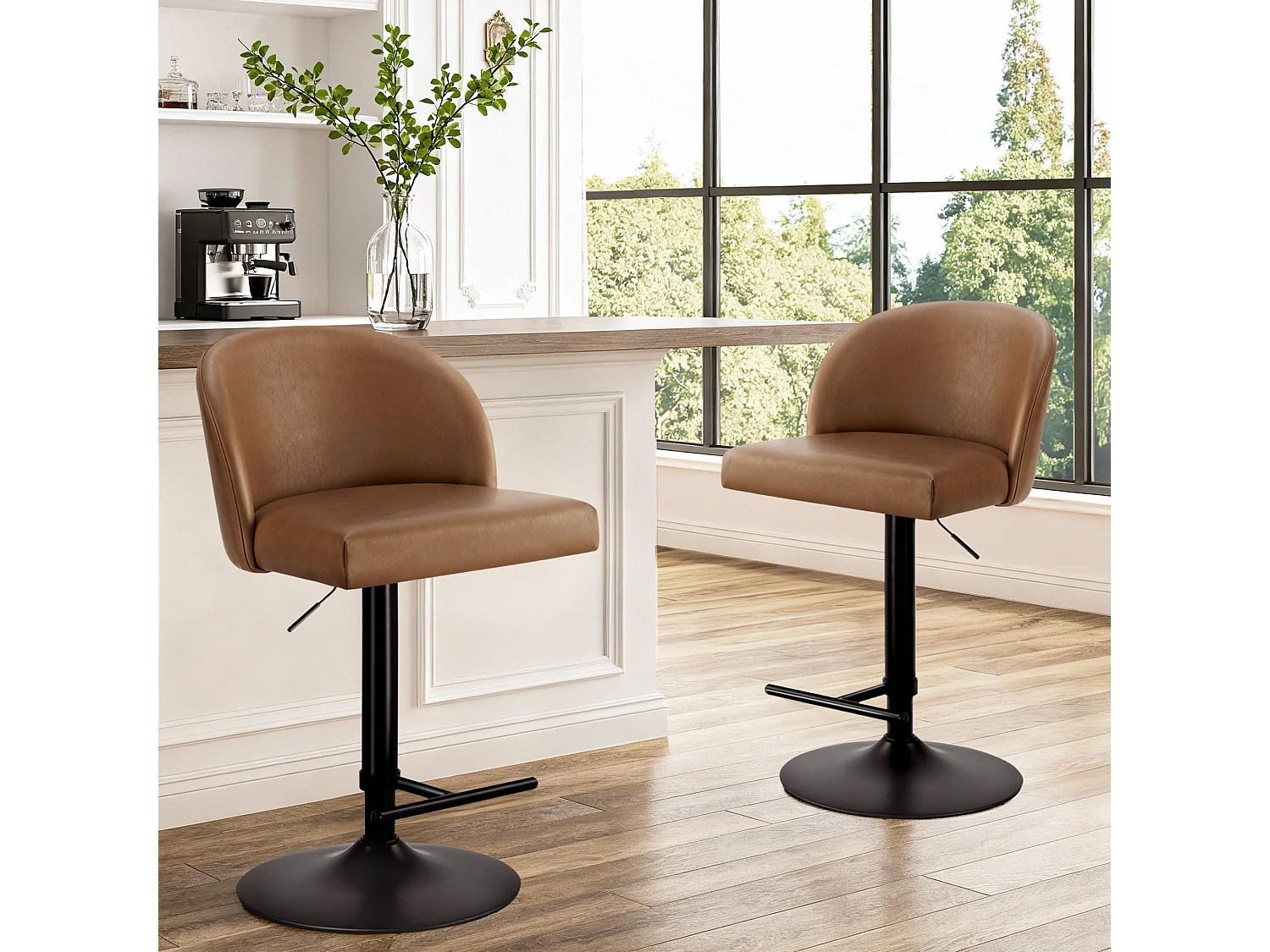 Lot de 2 Tabouret de Bar Chaise de Bar Réglable en Hauteur, Chaises Hautes Revêtement en PU, Rotatif sur 360°avec Dossier et Repose-Pieds Brun