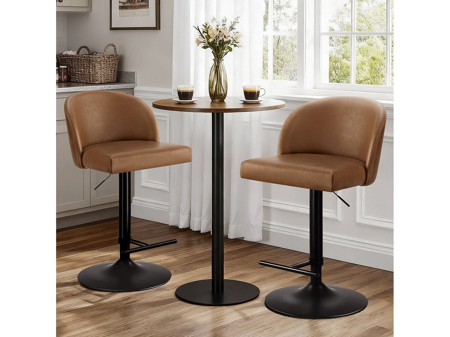 Lot de 2 Tabouret de Bar Réglable en Hauteur, Revêtement en PU, Rotatif sur 360°avec Repose-Pieds