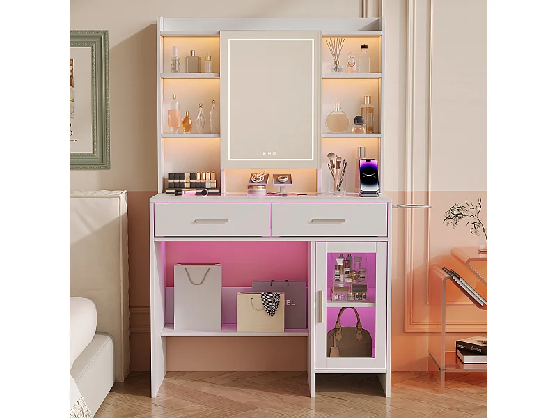 Tocador de cristal con espejo, estantes y enchufes - Diseño moderno blanco