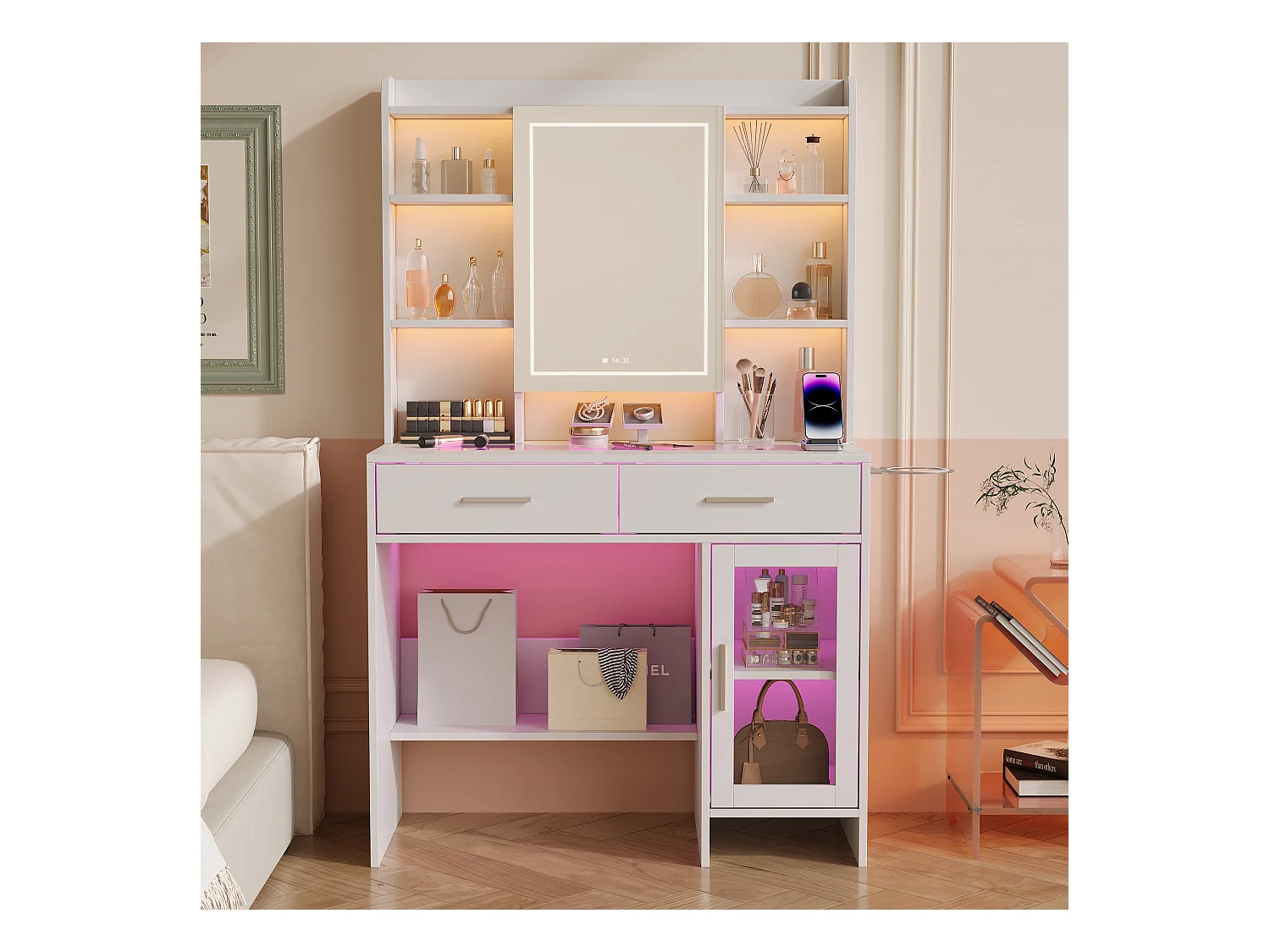 Tocador de cristal con espejo, estantes y enchufes - Diseño moderno blanco