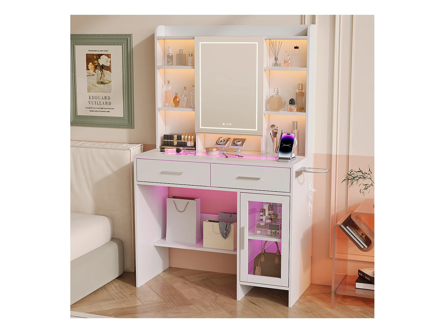 Tocador de cristal con espejo, estantes y enchufes - Diseño moderno blanco