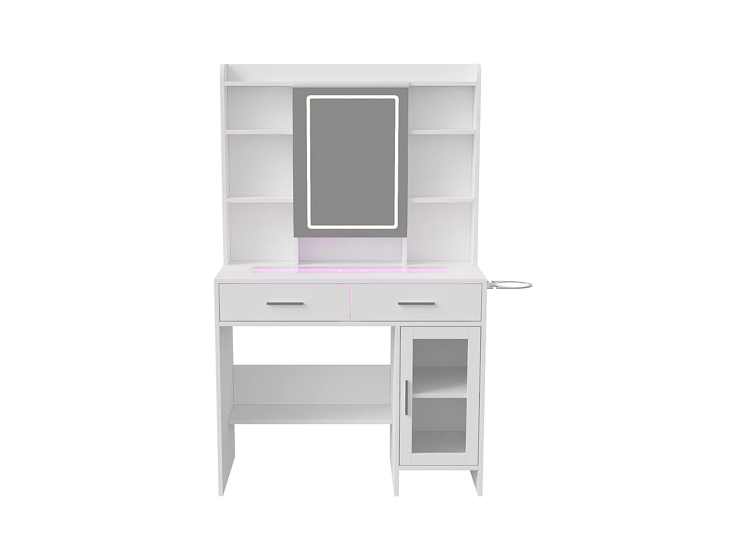 Tocador de cristal con espejo, estantes y enchufes - Diseño moderno blanco