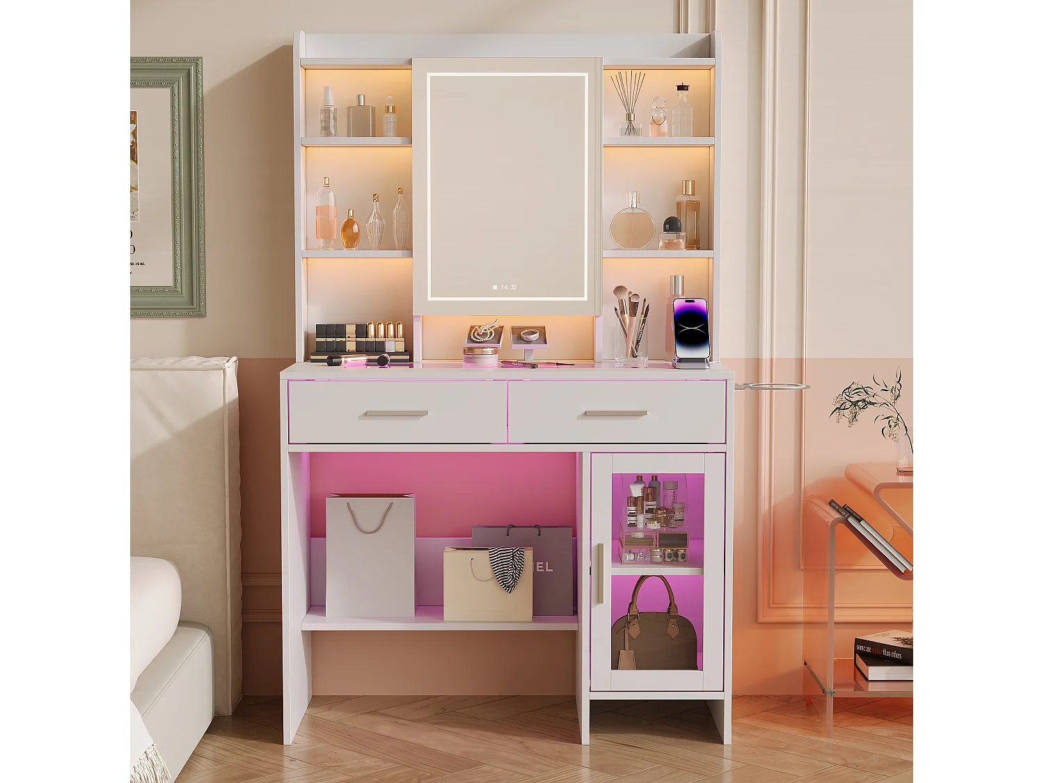 Coiffeuse en verre avec miroir, étagères et prises électriques – Design moderne blanc