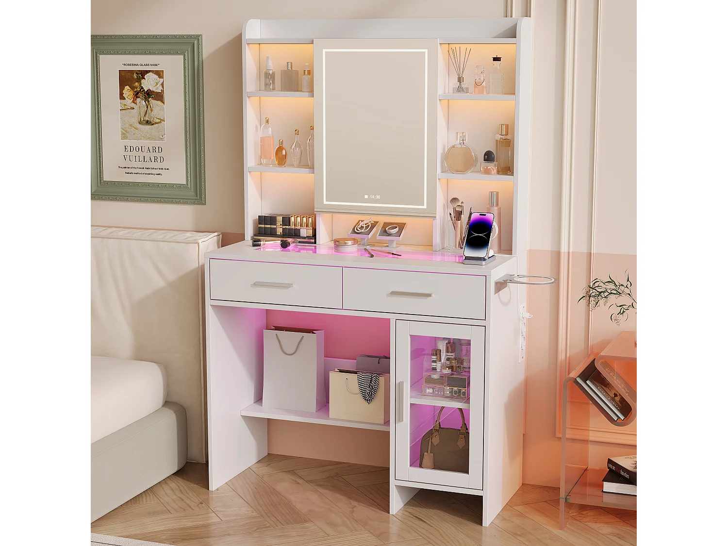 Coiffeuse en verre avec miroir, étagères et prises électriques – Design moderne blanc