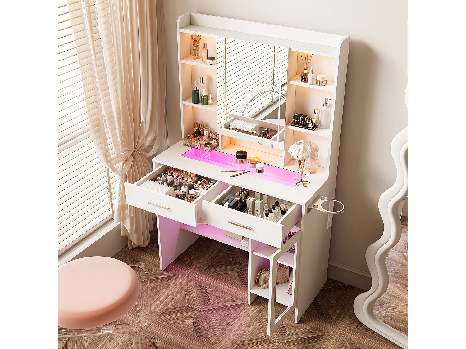 Coiffeuse en verre avec miroir, étagères et prises électriques – Design moderne blanc