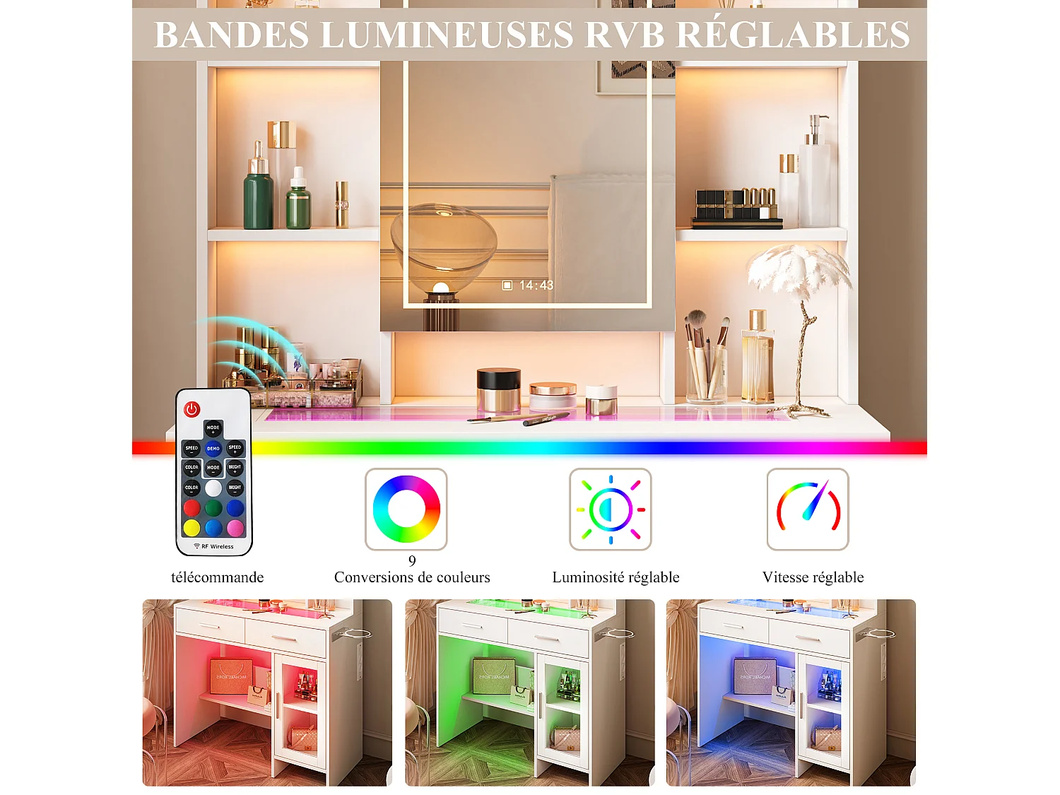 Coiffeuse en verre avec miroir, étagères et prises électriques – Design moderne blanc