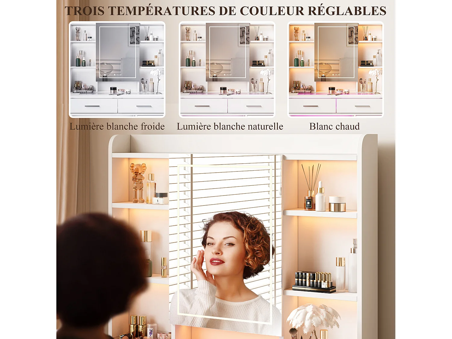 Coiffeuse en verre avec miroir, étagères et prises électriques – Design moderne blanc