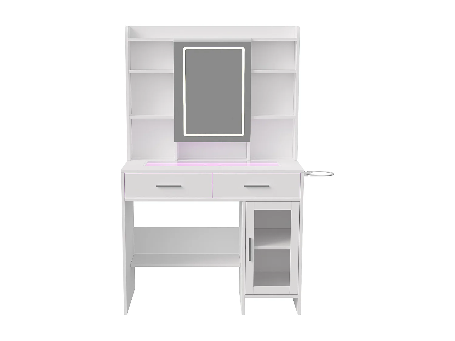 Coiffeuse en verre avec miroir, étagères et prises électriques – Design moderne blanc