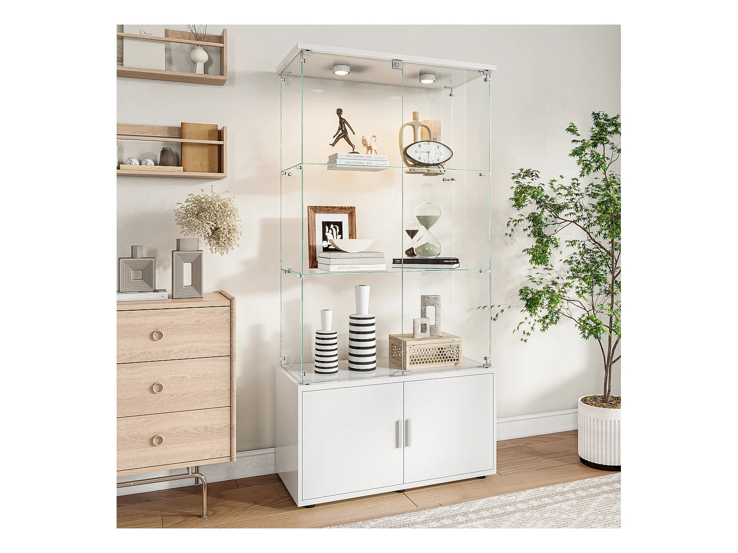 Vitrinekast met 3 planken, kasten en ledverlichting – modern design wit