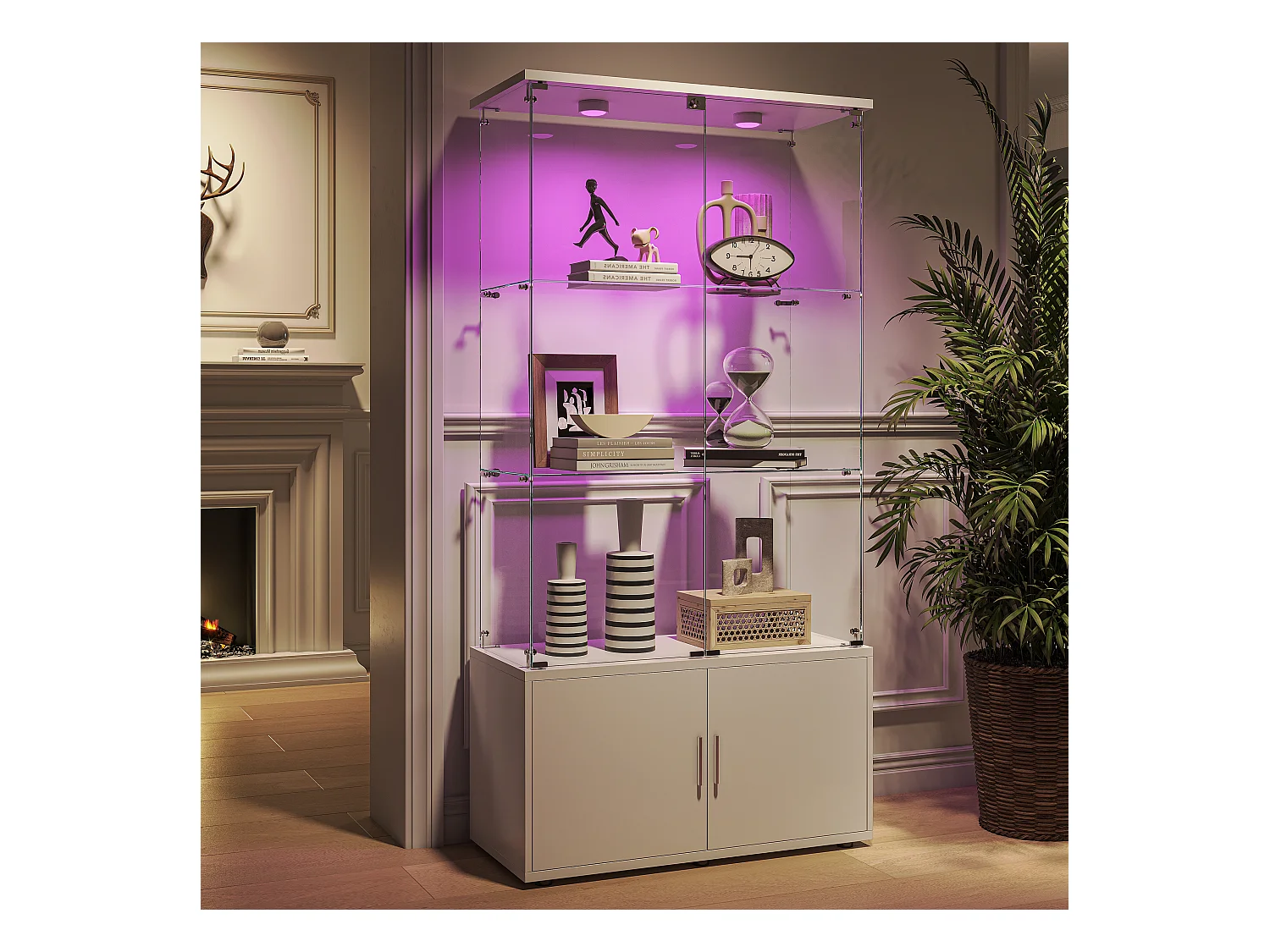 Vitrinekast met 3 planken, kasten en ledverlichting – modern design wit