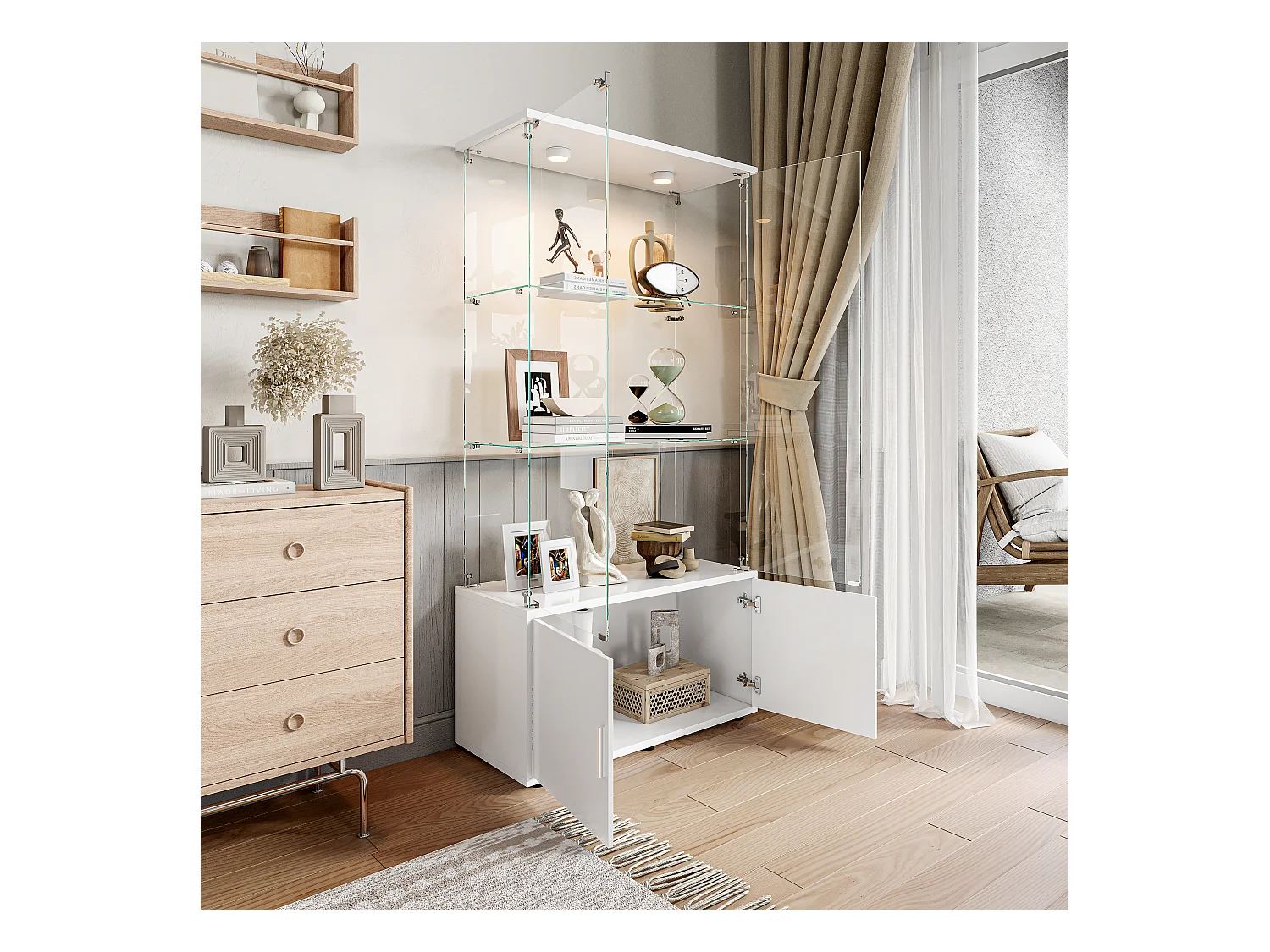 Vitrinekast met 3 planken, kasten en ledverlichting – modern design wit