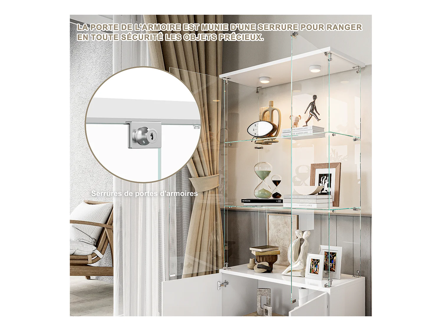 Vitrinekast met 3 planken, kasten en ledverlichting – modern design wit