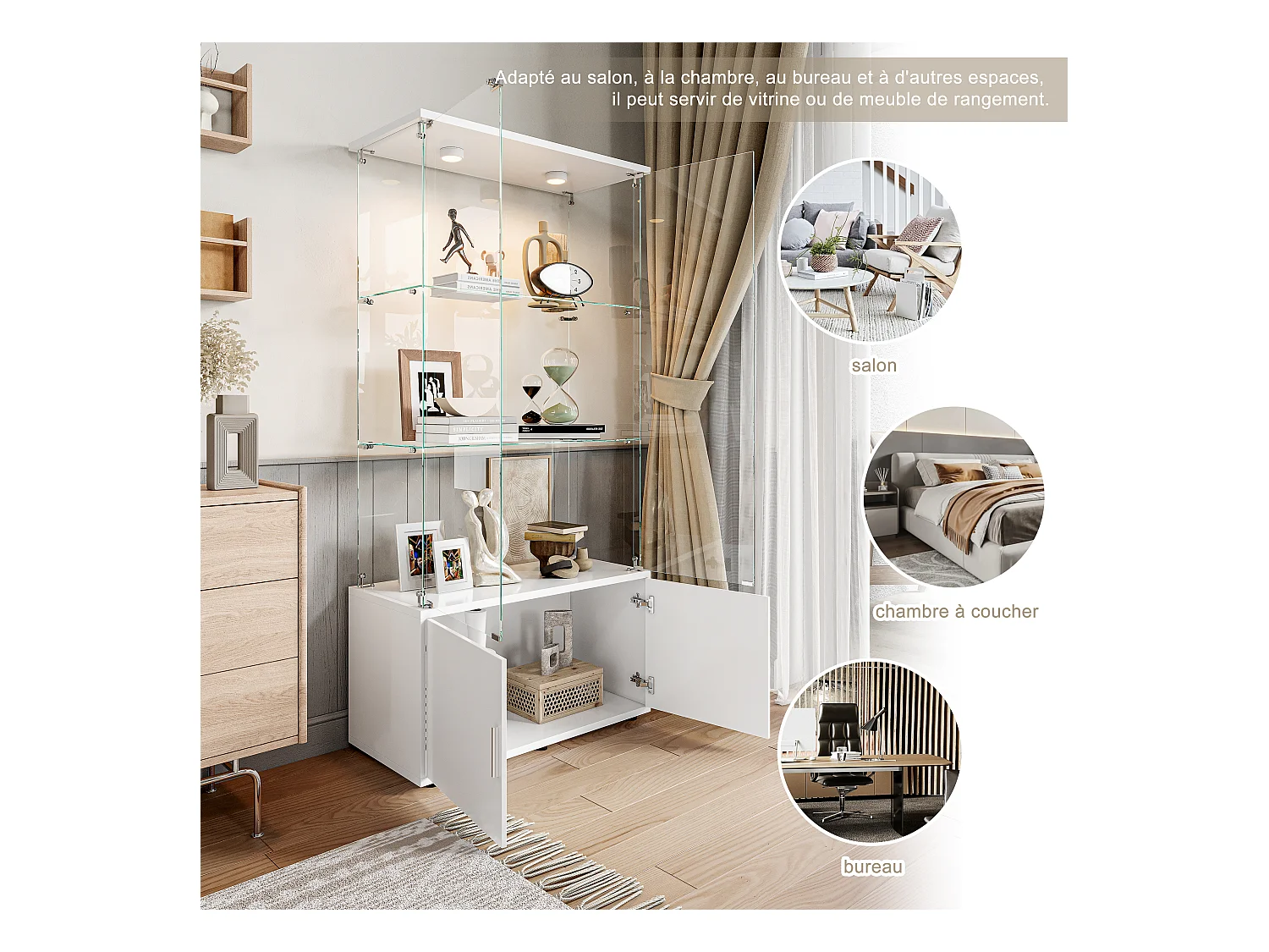 Vitrinekast met 3 planken, kasten en ledverlichting – modern design wit