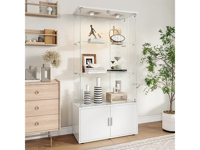 Vitrine en verre 3 étagères avec armoires et éclairage LED – Design moderne Blanc