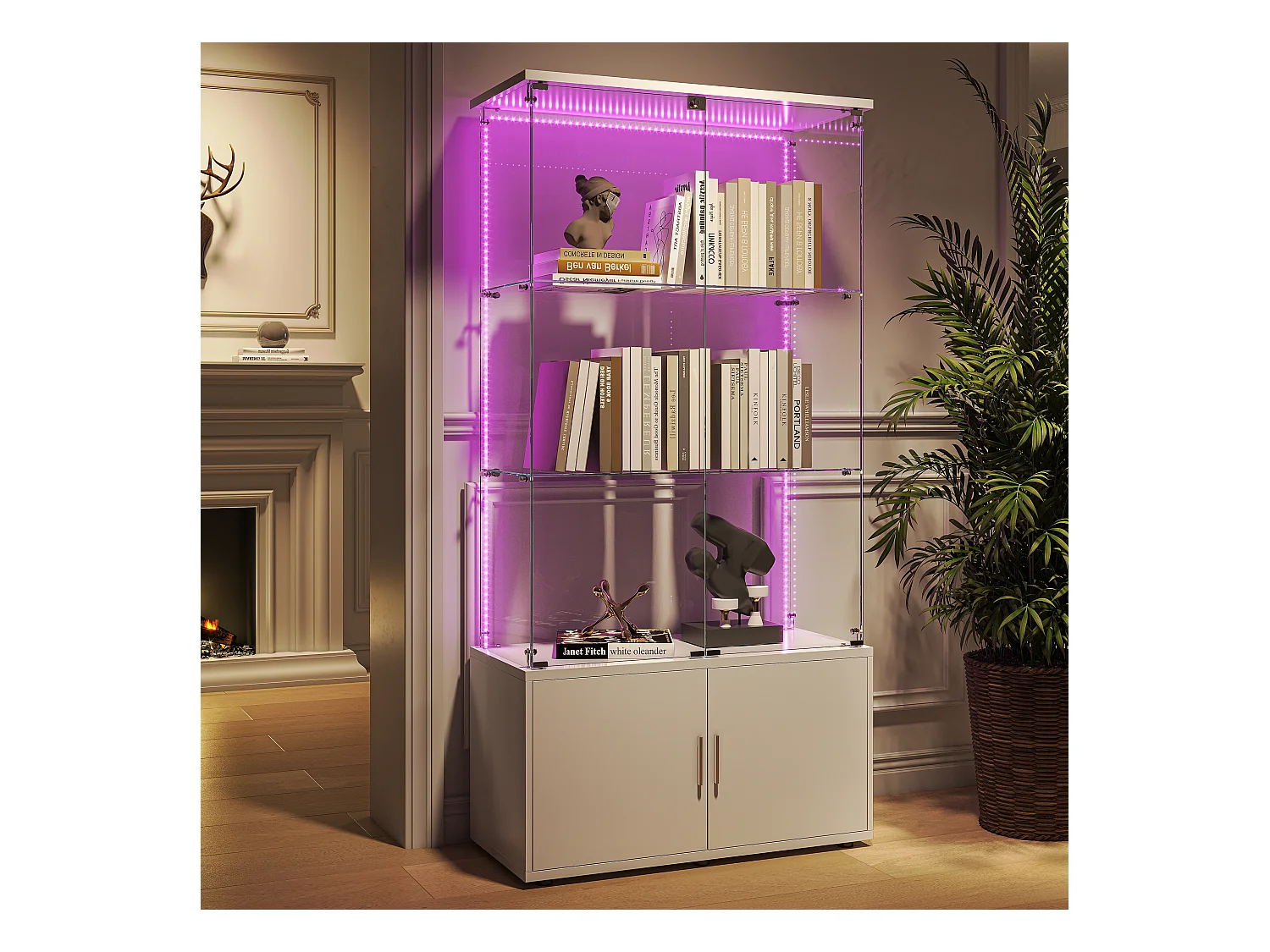 Vitrinekast met 3 planken, kasten en ledverlichting – modern design wit